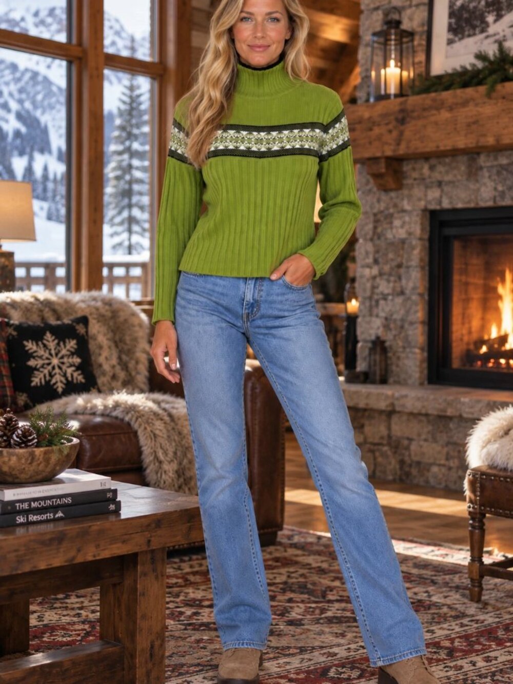 NILS Skiwear Green Vintage Fair Isle Chunky Wool Turtleneck Sweater Sz L Large